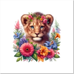 A baby lion decorated with beautiful colorful flowers. Posters and Art